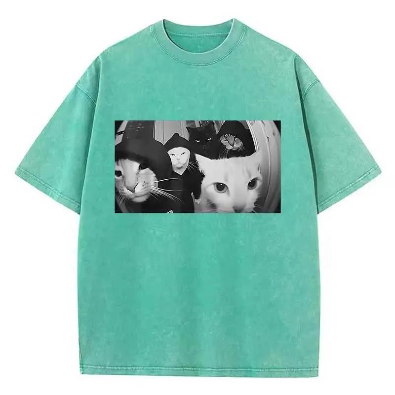 Trendy T Shirt Vintage Washed 100% Cotton T-Shirt Streetwear Smoking Cat Graphic Tee Casual Streetwear Spring Summer1