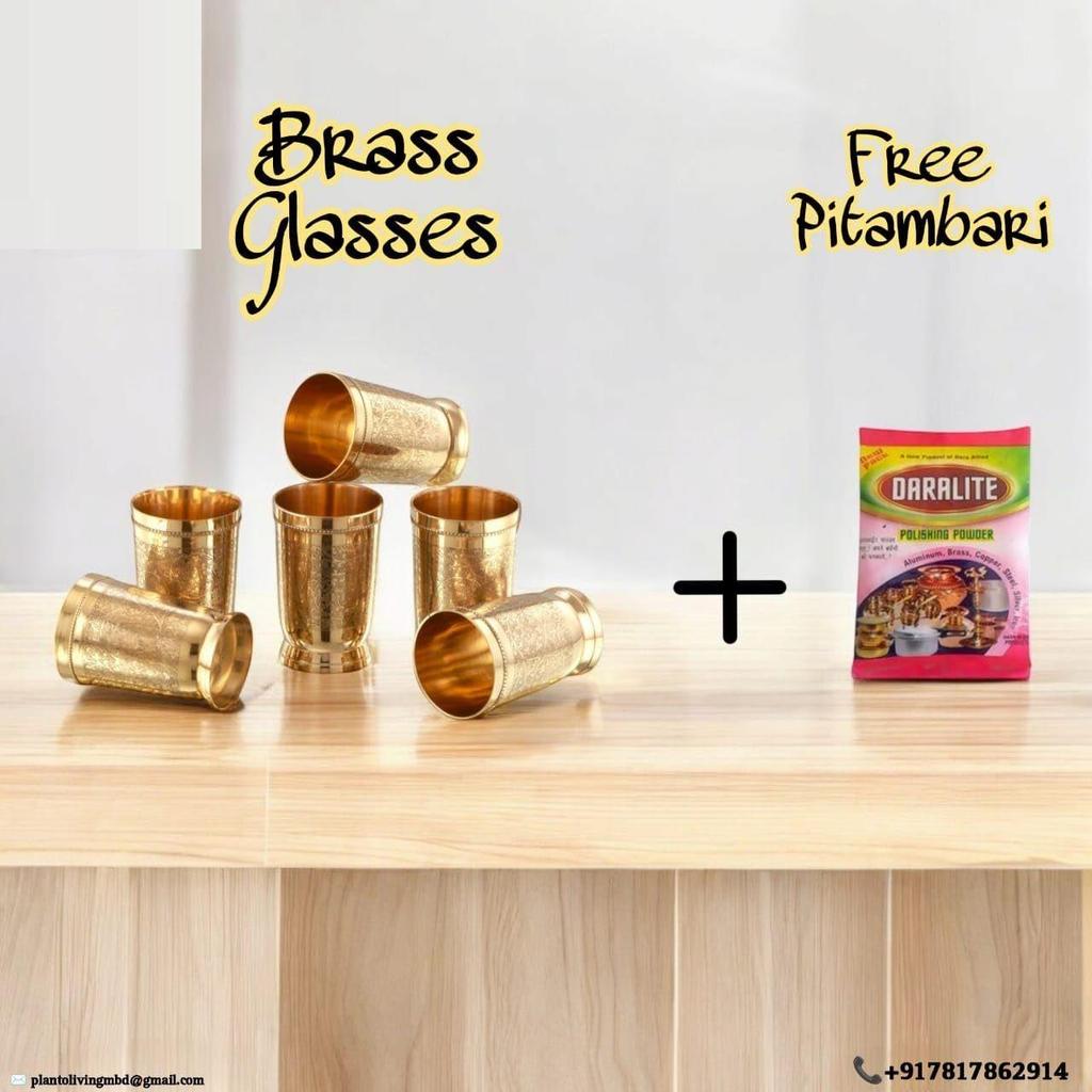 Sklenice/Pohár z čisté mosazi s embosovaným designem pro pití s mnoha zdravotními benefity, Objem-250ML Každý (Sada 6)