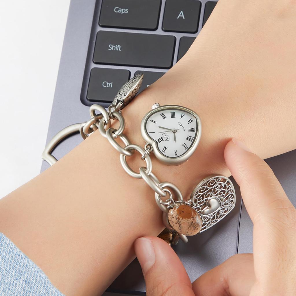 Cute Women's Watch with Chain Bracelet: Stylish Analog Display Heart Natural Stone Quartz Watch In Silver - Perfect Gift for Birthdays,
