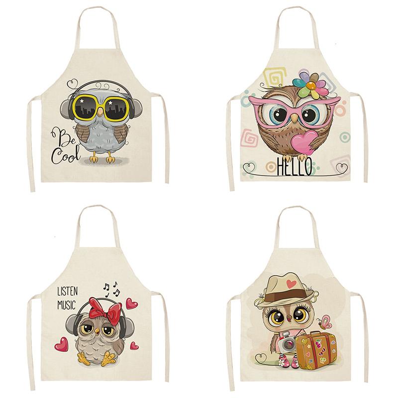 Owl Sleeveless Chef Apron Linen Floral Print Kitchen Decoration Apron Women'S Home Cooking Baked Waist Bib