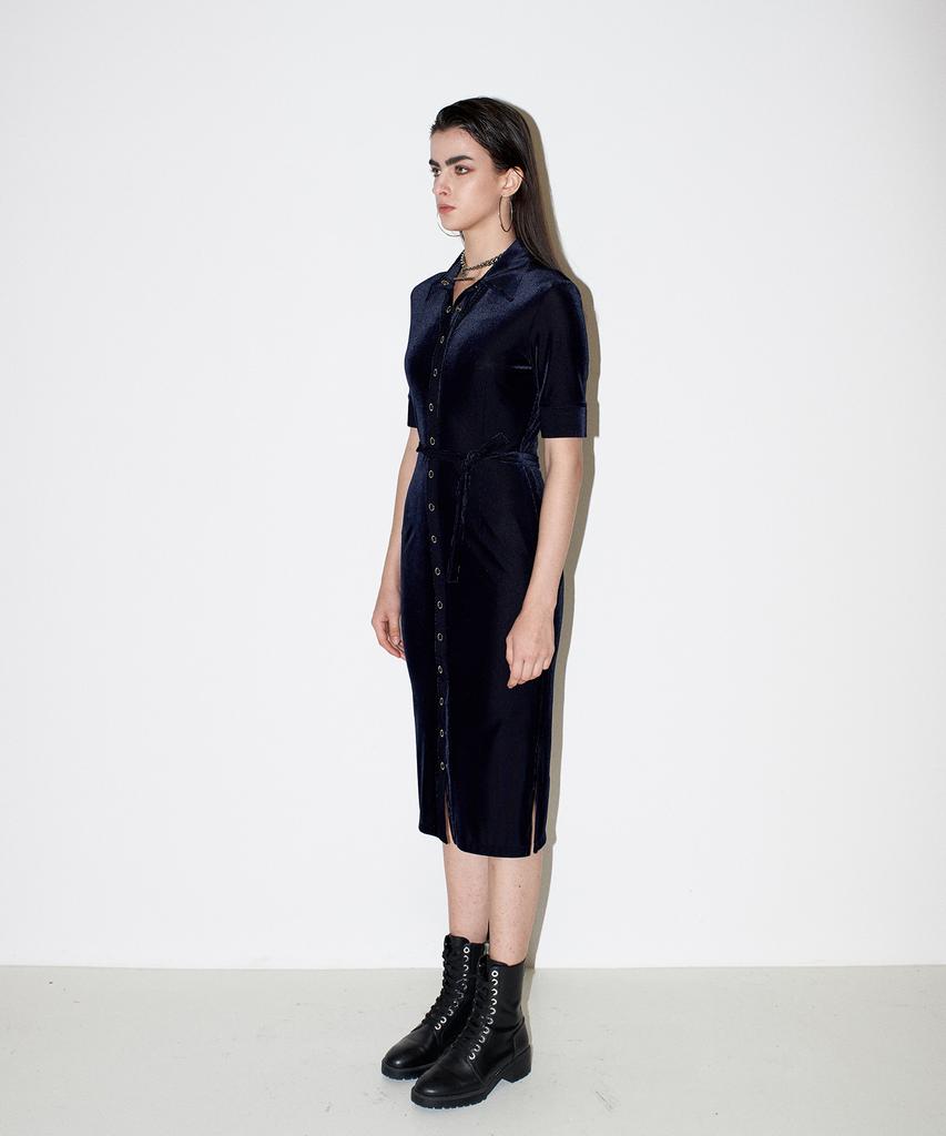 Chaenyuyog Front Open Velvet Dress [Navy]