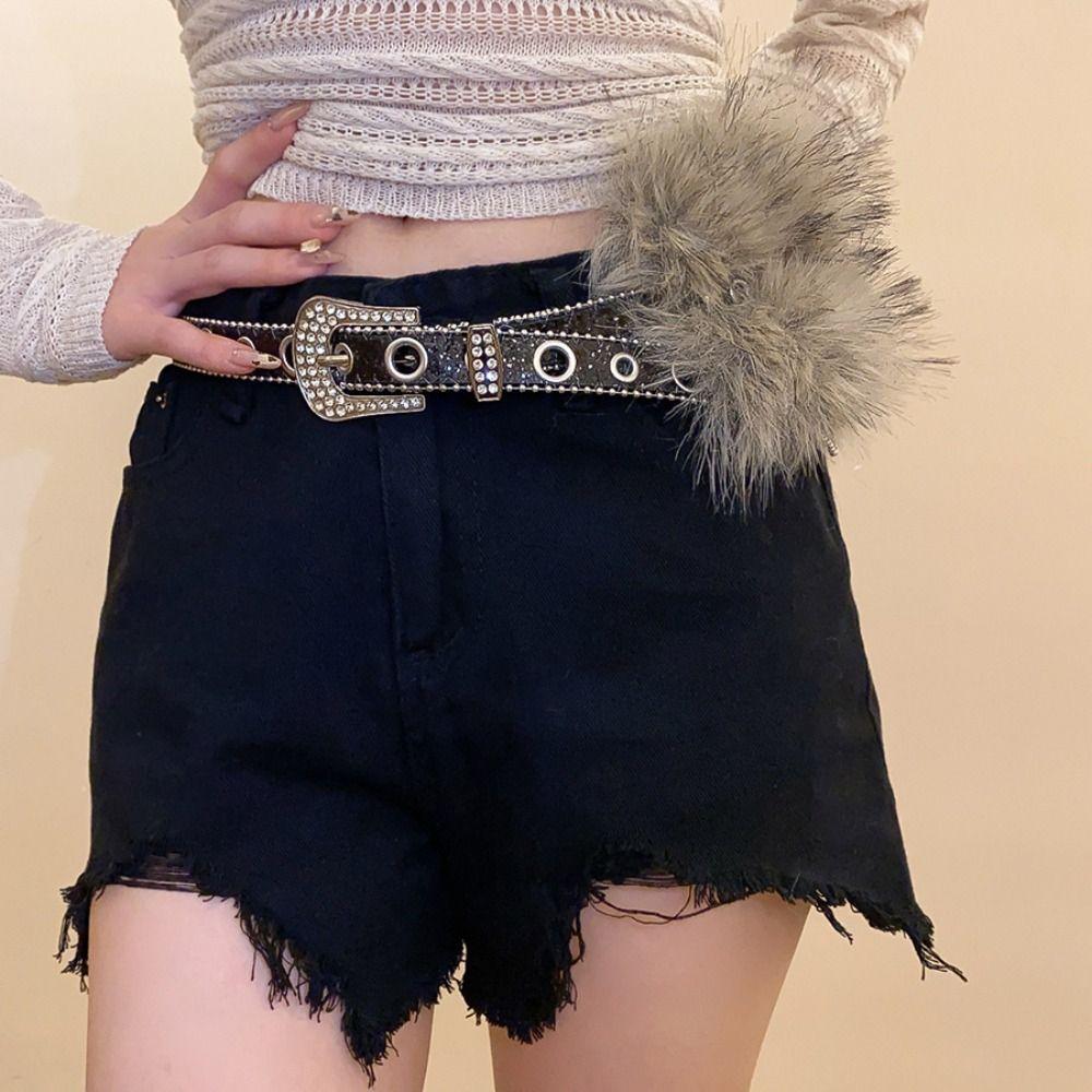Rhinestone Leather Fur Belt Spicy Girl Style Y2K Plush Waist Belt Furry Waistband Dress Decoration