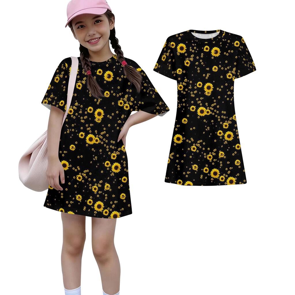 Girls Print Casual Dress Kids Loose Round Neck Short Sleeve Thin Sundress