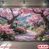 2D platte achtergronddoek voor het pad in de Kersentuin met bloeiende kersenbloesems stenen en lantaarns polyester