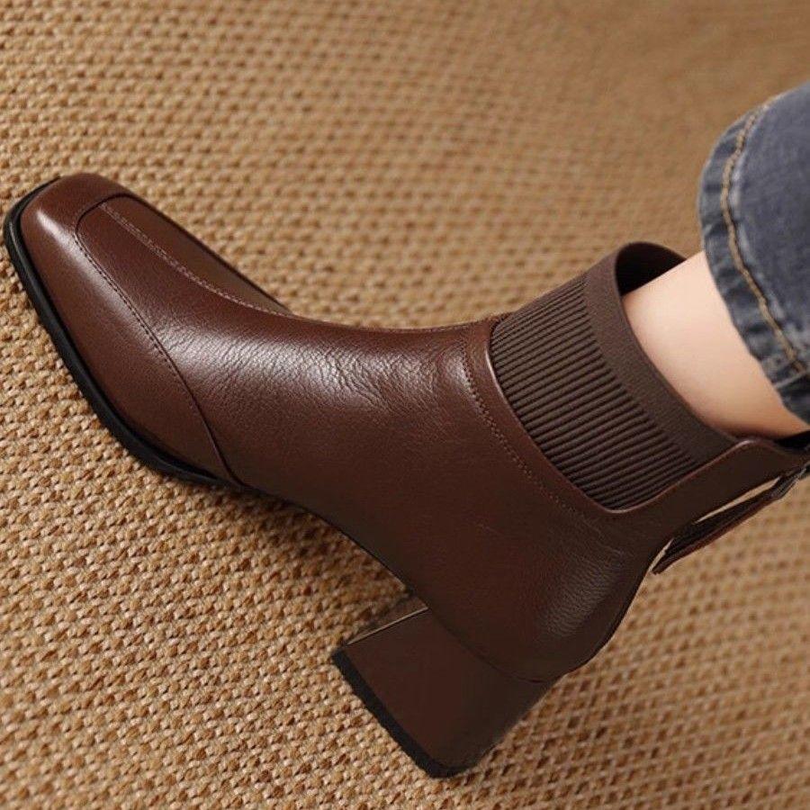 Fashion Ankle Boots for Women Heeled Leather Splicing Knit Office Booties Comfortable and Elegant Goth Y2k Autumn Chic Woman Short Shoes
