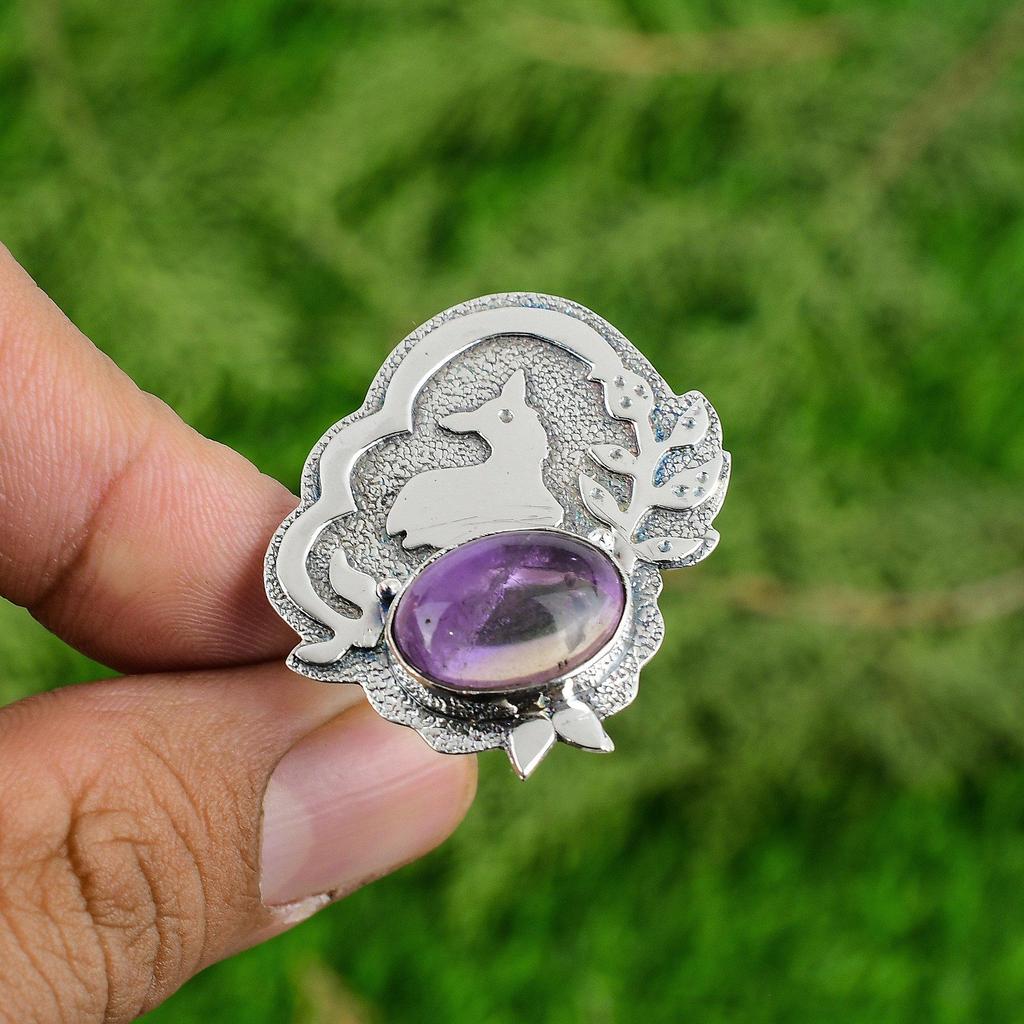 925 Silver Oval Natural African Amethyst Art Deco Statement Stackable Bezel Ring