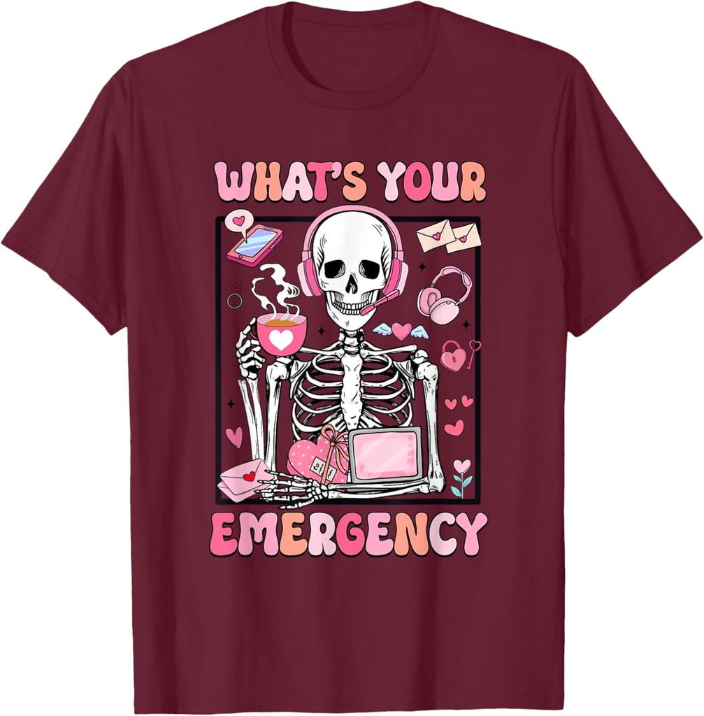 Skeleton Dispatcher Valentines Day Whats Your Emergency Graphic T-Shirt Men Casual Daily Cotton Tee