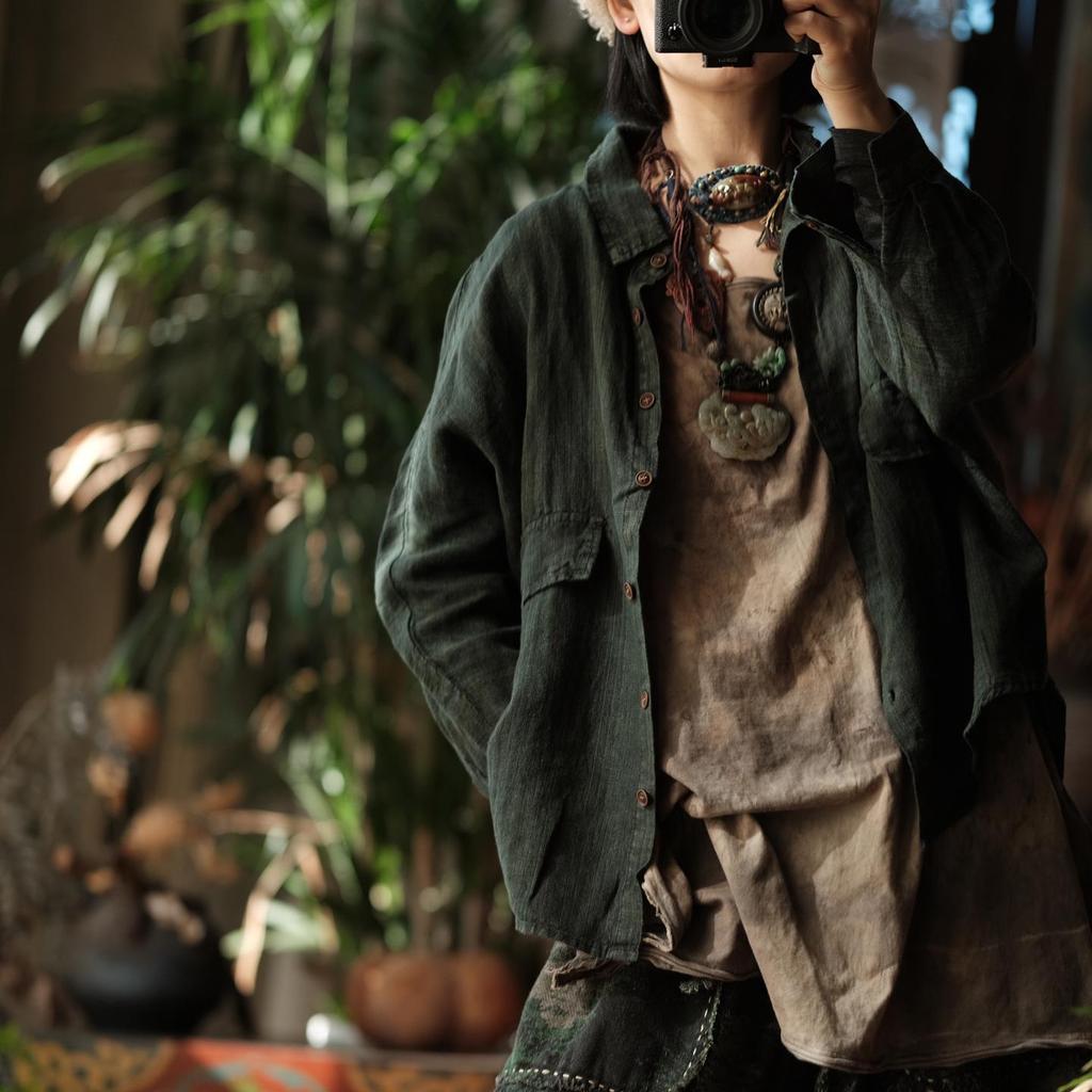 Luo Gu Ni Women's Artistic Retro Green Linen Blend Shirt SB2966