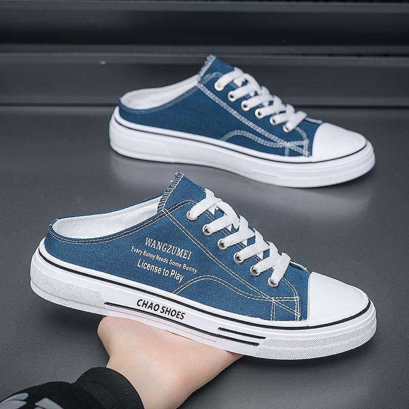 

Осень новая сумка голова тапочки мужские модные уличные мужские парусиновые туфли повседневная обувь полу-шлепанцы мужская обувь 44 синий