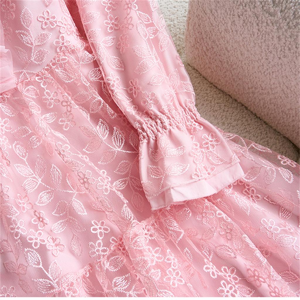 Women's Peter Pan Collar Lace Embroidery Midi Dress Luxury Beaded Crystal Costumes Ruffled Splice Button Front Slim A‑Line Dress