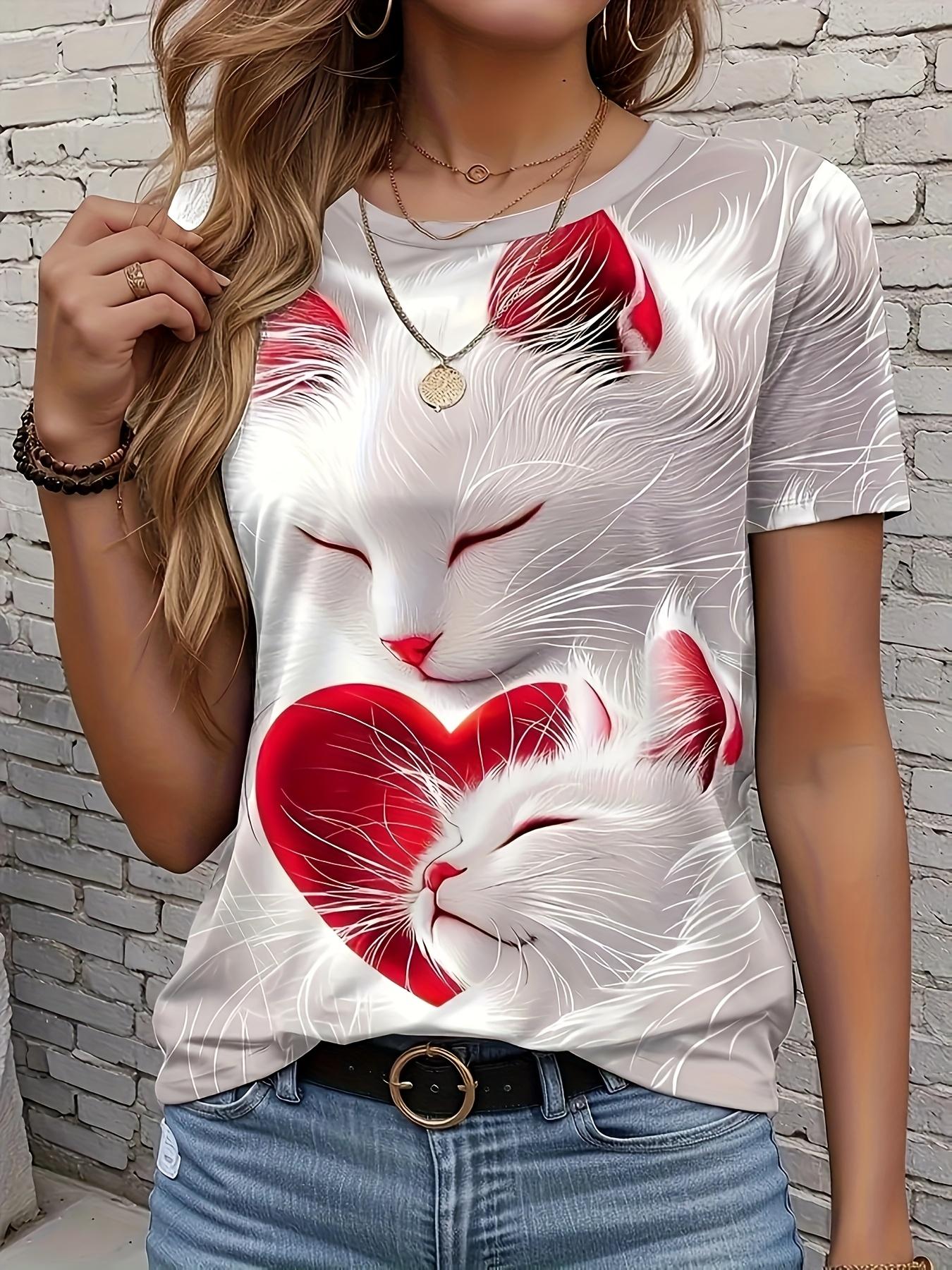 Women s Casual Short Sleeve T-Shirt with Cute Cat ; Heart XXXL дубильная кора