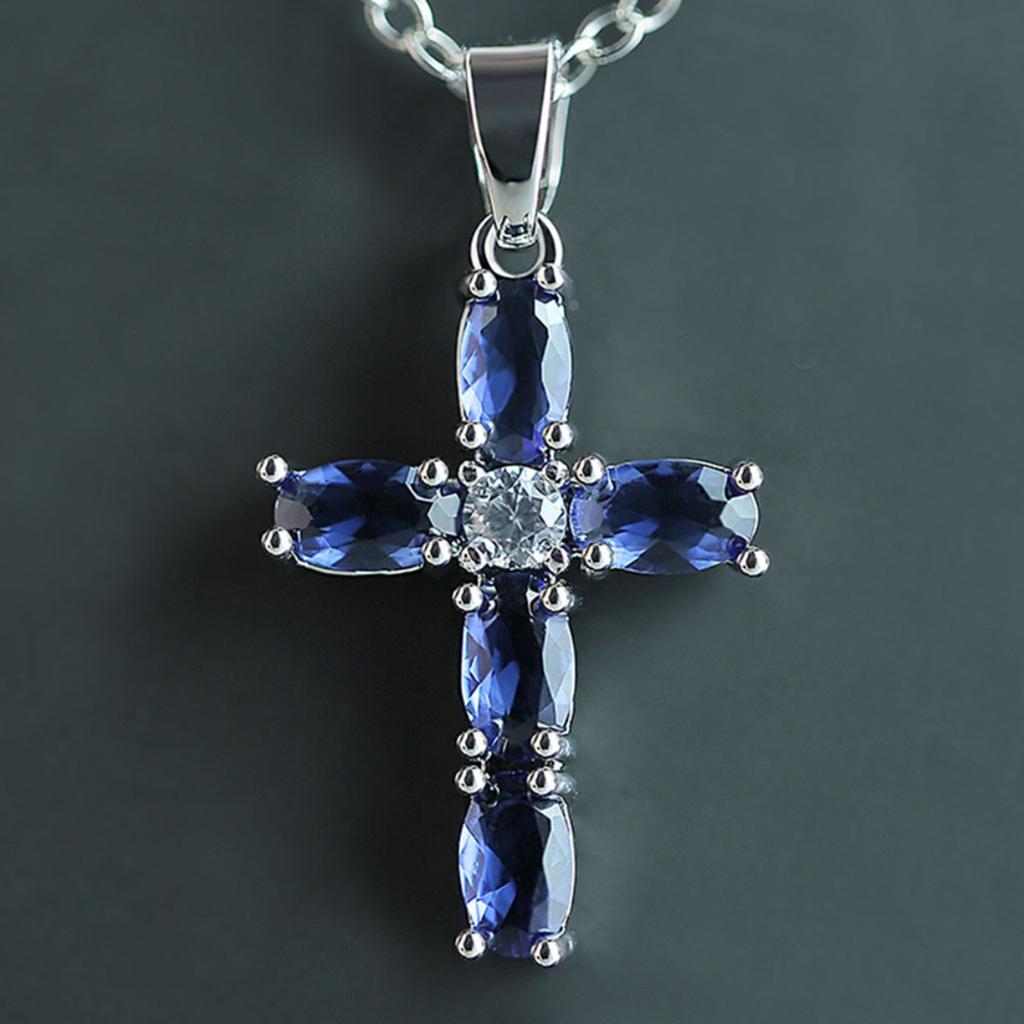 Blue Accent Cross Pendant Necklace with Central Sparkle Religious Inspired Jewelry