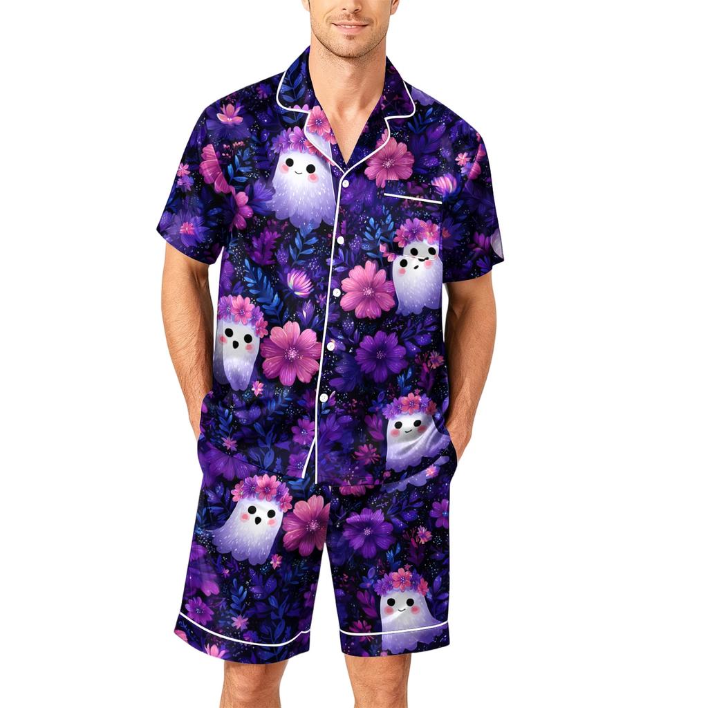 Herren Kurzarm Pyjama Set Knopfleiste Hemd mit Tasche und Kordelzug Shorts Weich Leicht Lässig Nachtwäsche S bis XXXXL