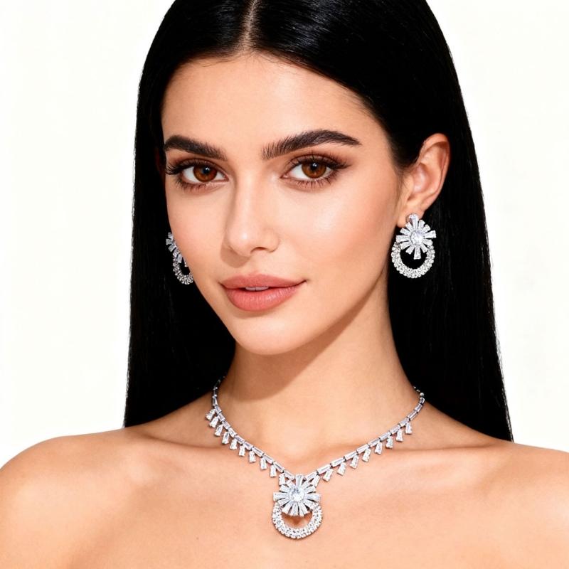 Elegant Dazzling Rhinestones Stud Earrings And Pendant Necklace Set Lightweight Alloy Jewelry For Party Or Daily Wear