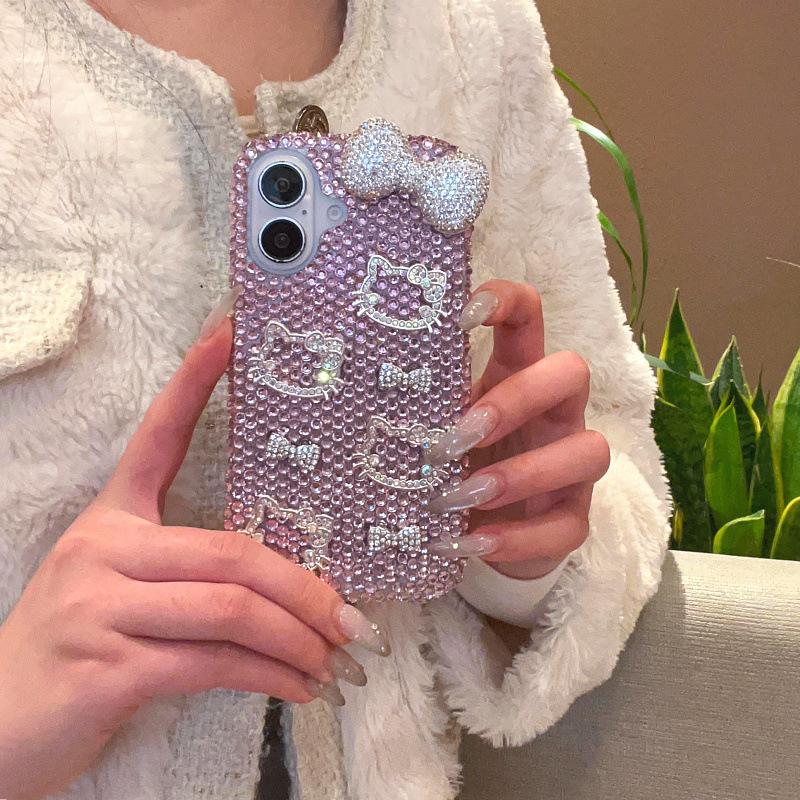 Super Fairy Flash Diamond Three-dimensional Cat Bow for iPhone16promax Apple 15 Mobile Phone Case Girl