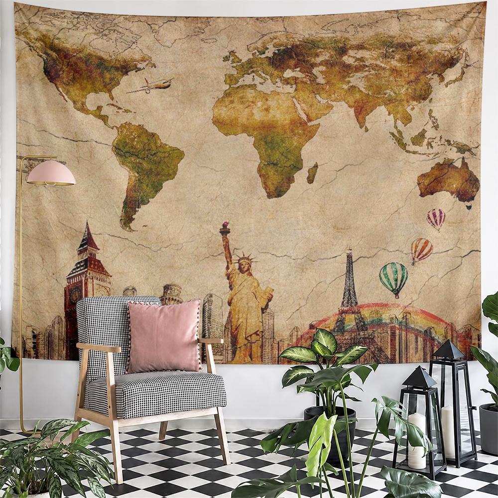 Vintage world landmark map tapestry, perfect for bedroom and living room home decor and sofas.