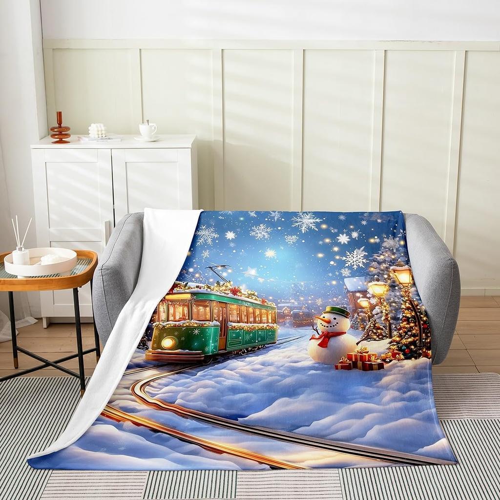 Winter Snowman Throw Blanket Cartoon Farmhouse Rustic Style Flannel Blanket for Kids Teens Adults Watercolor Pine Trees White