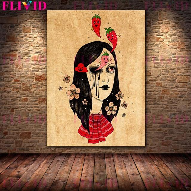 Strawberry Ghost and Scary Girl Retro Wall Art Oil Painting Scary Little Witch Portrait Art Poster