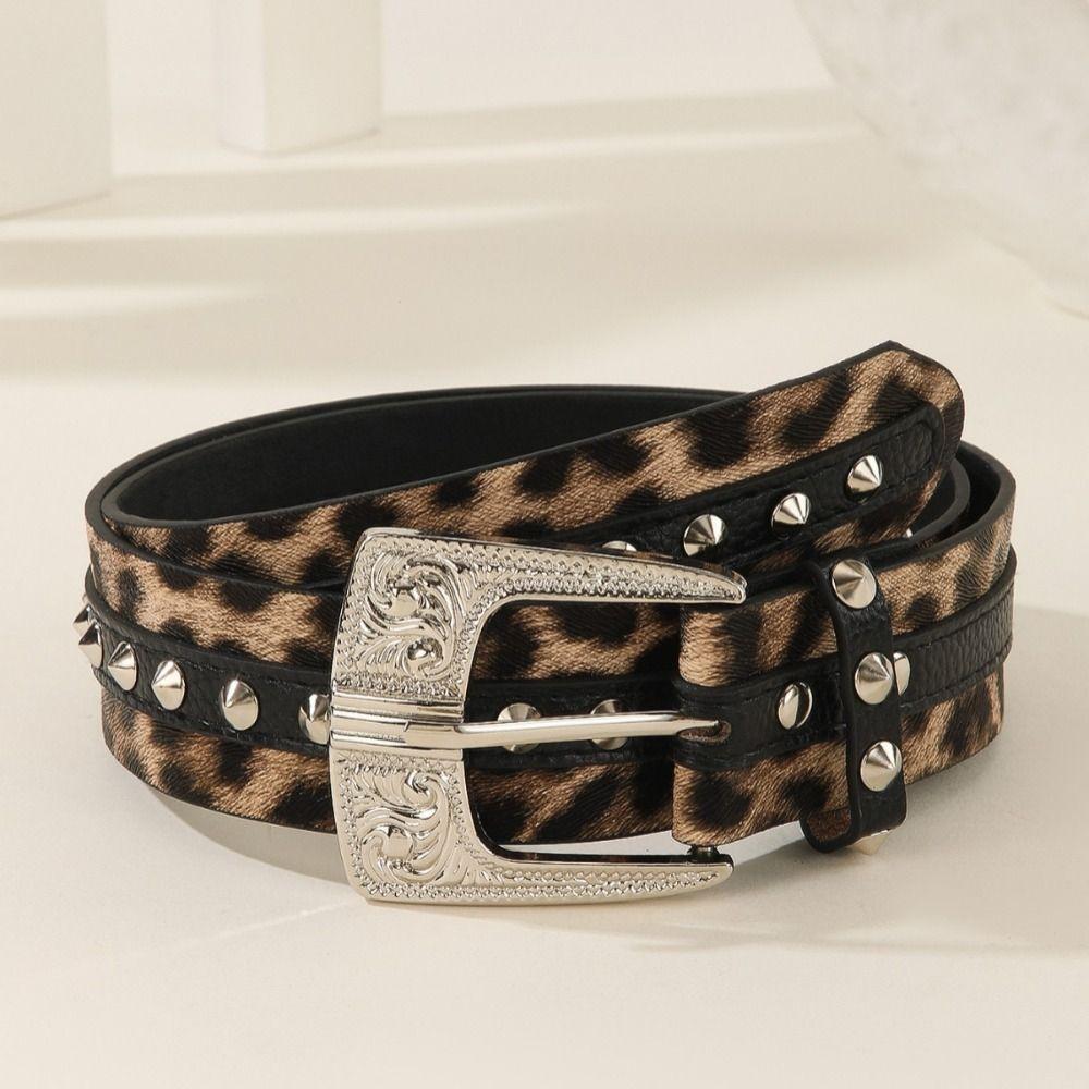 Rivet Decor Leopard Print Belt Engraved Design Waist Belt Retro PU Leather Belt Cowboy Style