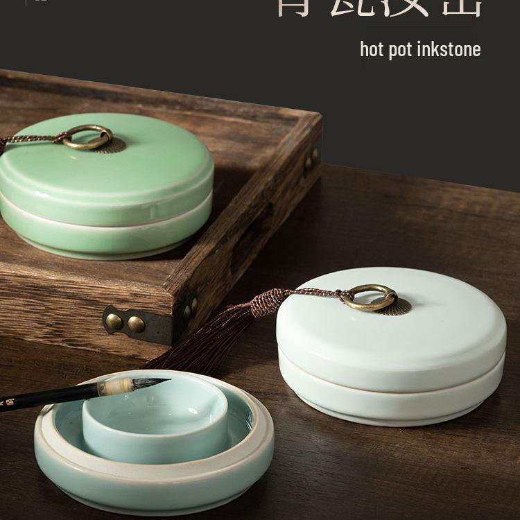 Ru Kiln Celadon Inkstone: Double Circle Inkwell with Lid, Anti-Dry Calligraphy Ink Dish, Antique Ink Box.