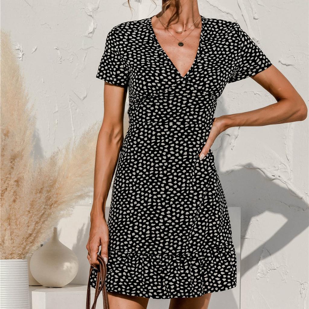Women's Casual Fashion V-Neck Floral Print Short Sleeve Patry Dress