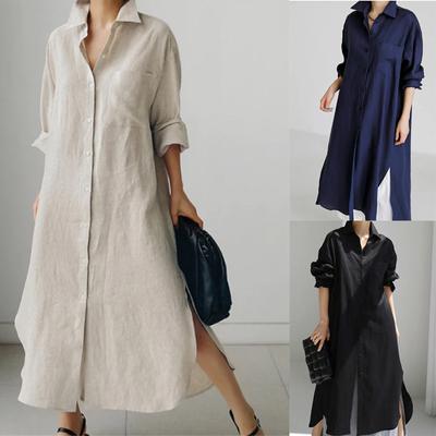 Plus Size Summer Women's Cotton Linen Dress Shirt Elegant Loose Irregular Cardigan Single Breasted Long Sleeved Dresses