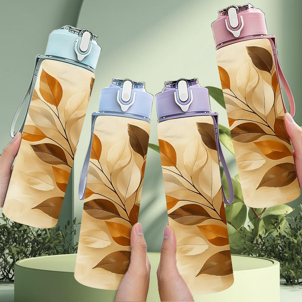 1PC Warm Tone Dry Leaf Art 750ml Color Plastic Sports Water Bottle Leakproof Flip Straw Lid Suitable for Sports Office Home Use