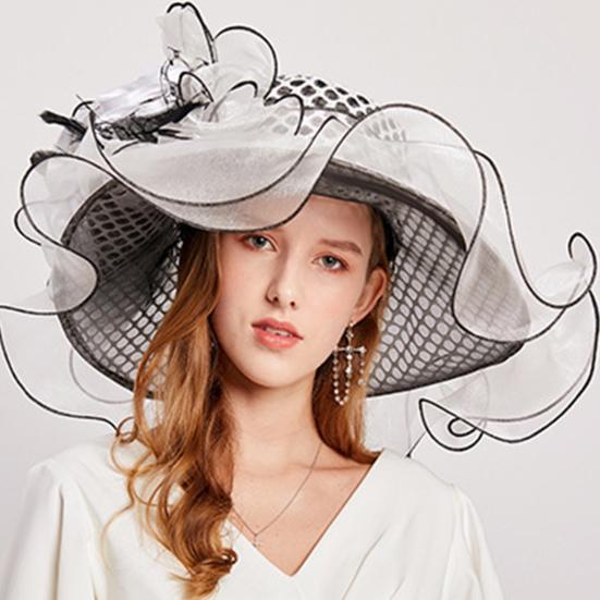 Women Performance Hat See-through Mesh Flower Decor Wide Brim Medieval Curling Edge Hollow Out Banquet Cap Stage Show Cap