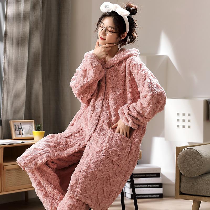 Women's Flannel Pajamas, Coral Velvet Hooded Pajamas, Warm and Long Home Clothing That Can Be Worn Externally