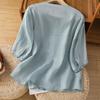 Hauts pour femmes en coton et lin Hauts Rétro à Boutons Chinois Manches 3/4 Col en V Chemises