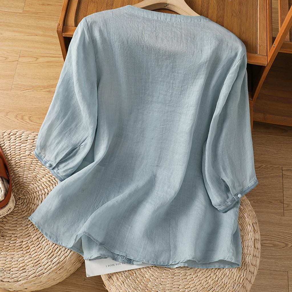 Hauts pour femmes en coton et lin Hauts Rétro à Boutons Chinois Manches 3/4 Col en V Chemises