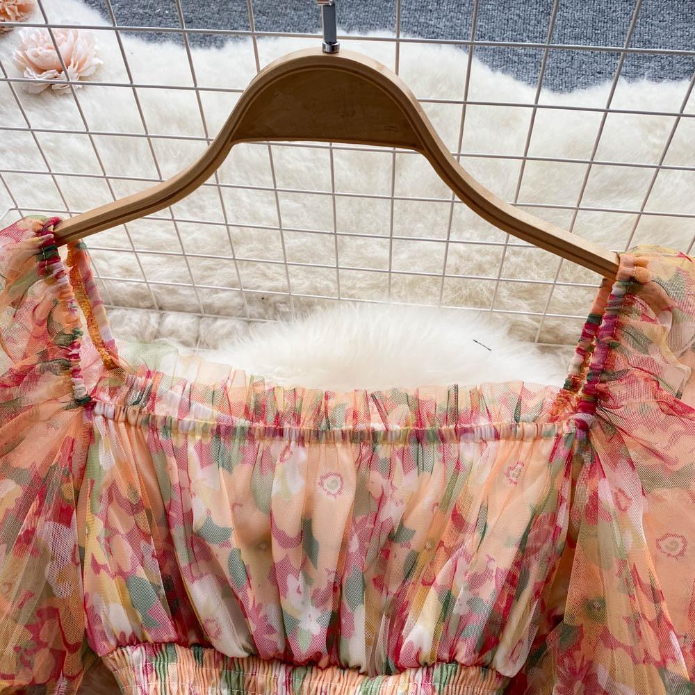 Spleise Mesh Blomstertrykk Kjole Kvinner Sommer Slank Elastisk Midje Firkantet Hals Milde Dame Søte Kjoler