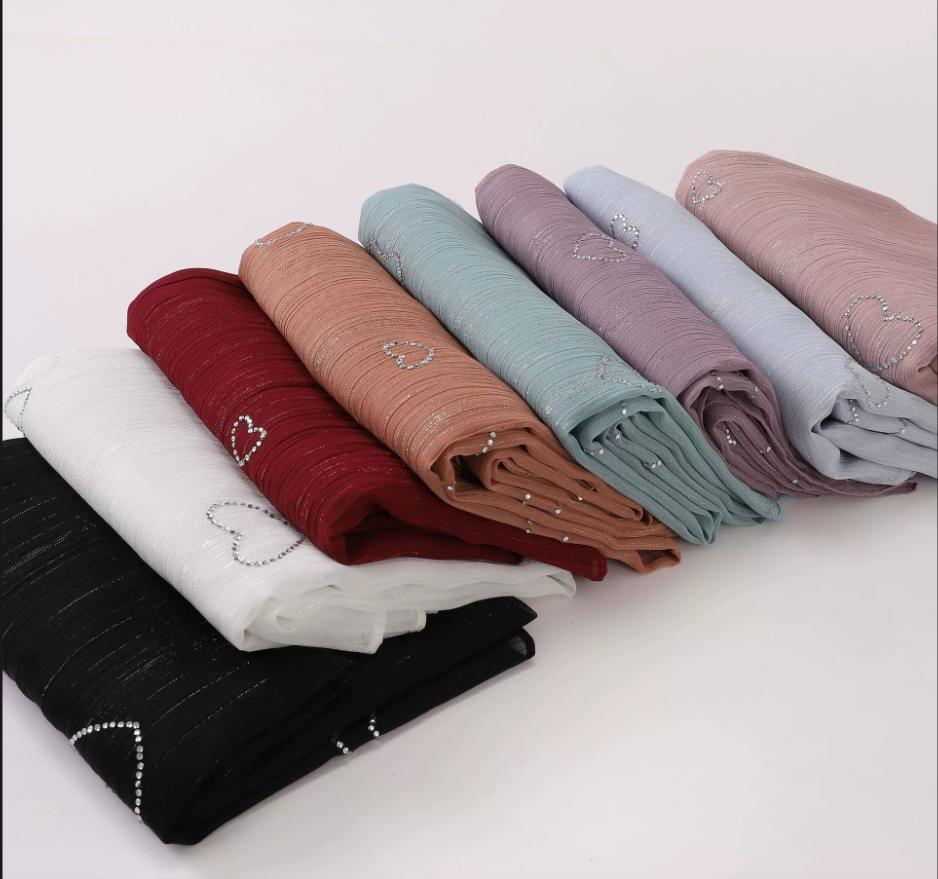 New Muslim Crinkle Chiffon Hijab With Rhinestones Glitter Shimmer Scarf For Women Solid Headscarf Wraps Islamic Headband Turban