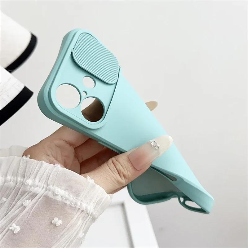 Slide Camera Lens Protection Cover for IPhone 16E 16 15 14 Plus 13 12 11 Pro XS XR Max 8 7 Phone Case Shockproof Soft Silicone