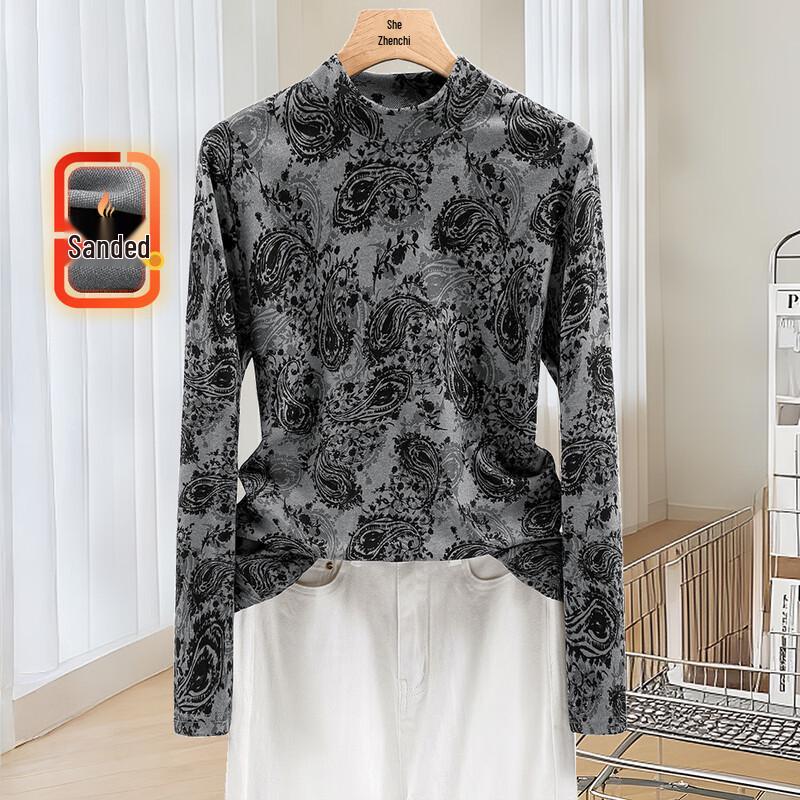 Women s Cashew Flower Print Brushed Long-Sleeve Base Layer Top One Size