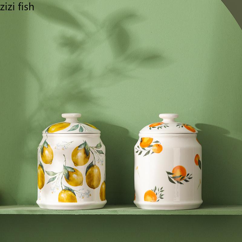Lemon Patterned Ceramic Storage Jar Tea Caddy Large Storage Bottle Coffee Bean Can Snack Can Candy Jar Food Containers Organizer