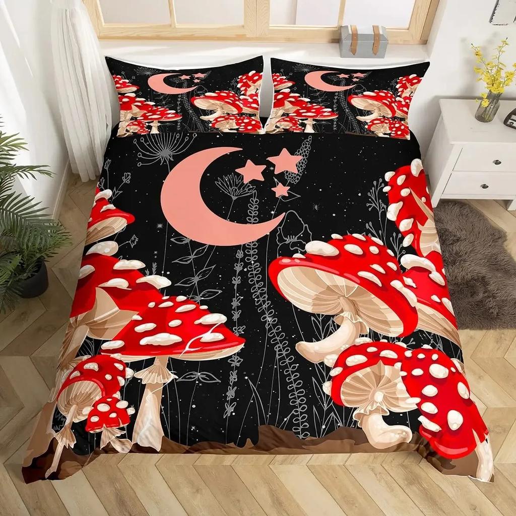 Cute Mushroom Duvet Cover Set Cartoon Mushrooms Comforter Cover Wild Mushroom Bedding Set Wildflower Botanical Plant Quilt Cover