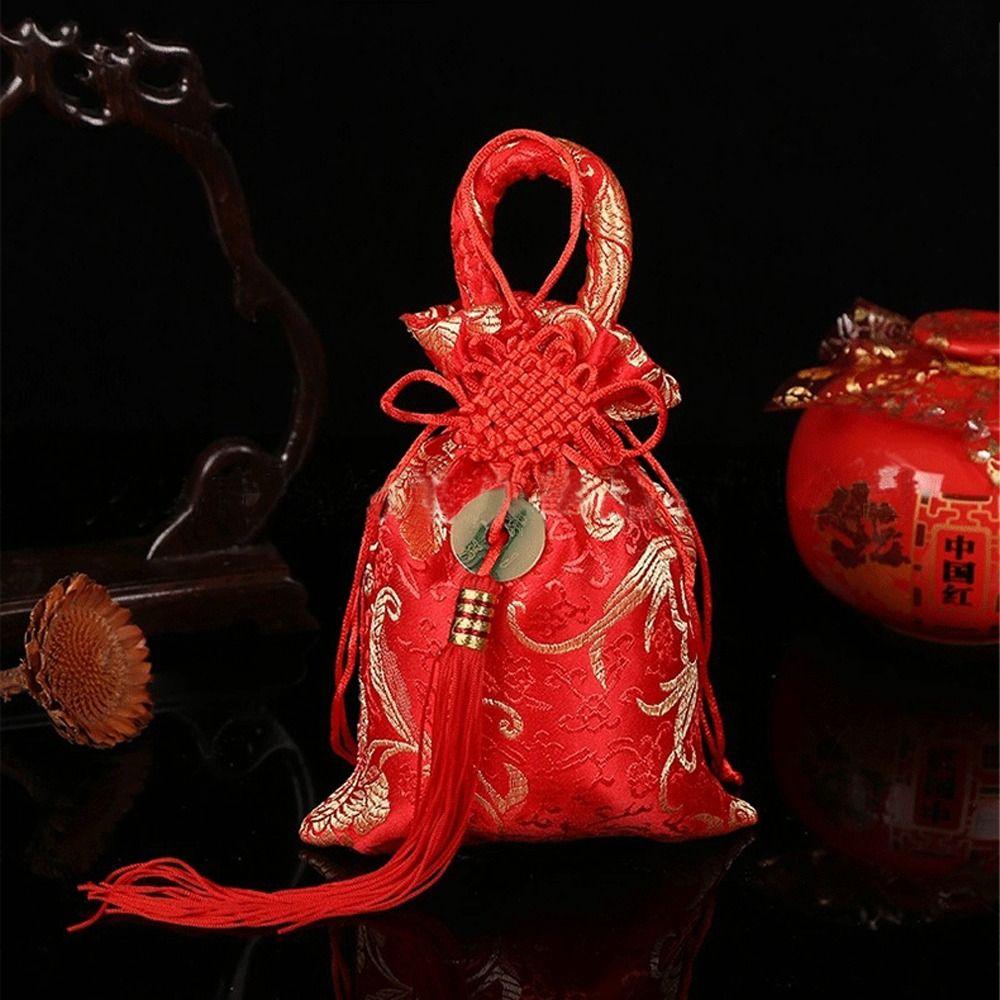 Large Capacity Canvas Flower Drawstring Bag Chinese Style Festive Sugar Bag Party