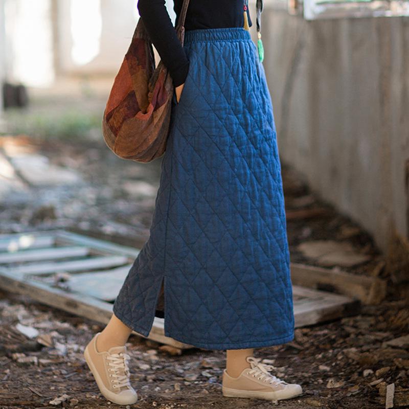 Women's Retro Mid-Length A-Line Skirt: Winter Quilted Diamond Plaid, Ramie Cotton, Loose Chinese Style