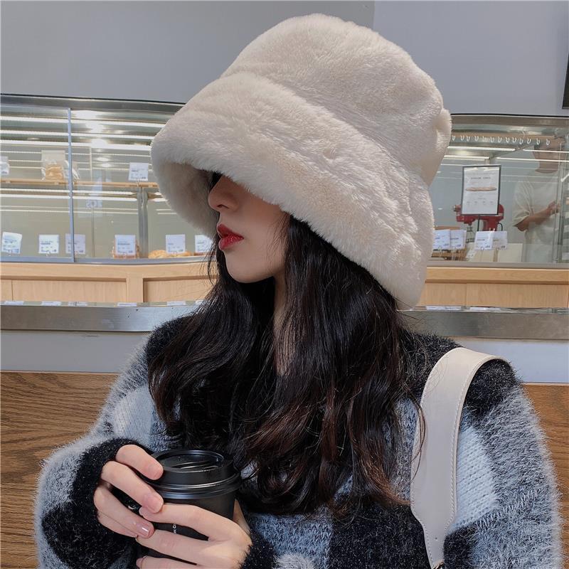 Thick Plush Berets Faux Rabbit Fur Fisherman Hat Women Autumn Winter Warm Thickened Bucket Hats Panama Plush Basin Cap Beanies
