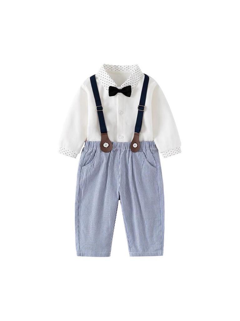 British Baby Boy Overalls Set: Two-Piece Formal Wear for Spring/Autumn - 1-Year-Old Long-Sleeved Gentleman Shirt
