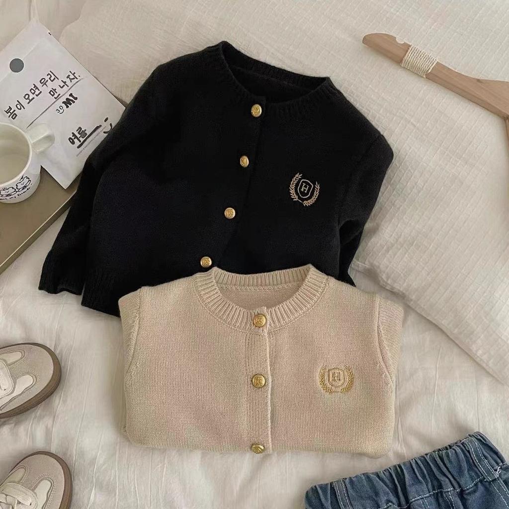 Kids Preppy Solid Embroidered Cardigan Sweater Spring Autumn Unisex Jacket