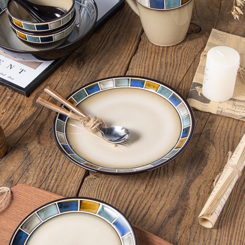 Nordic Blue Grid Underglaze Ceramic Dinner Plate