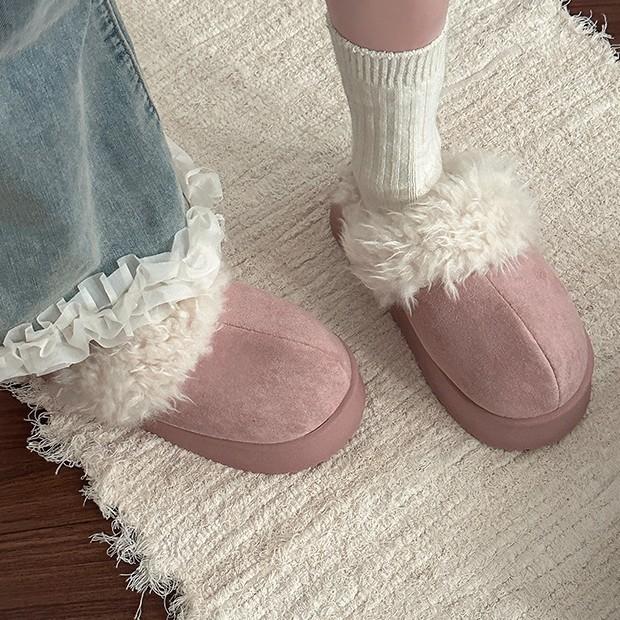 Versatile outer wear splicing plush integrated slippers fashionable thick-bottomed cotton slippers women's autumn and winter new models