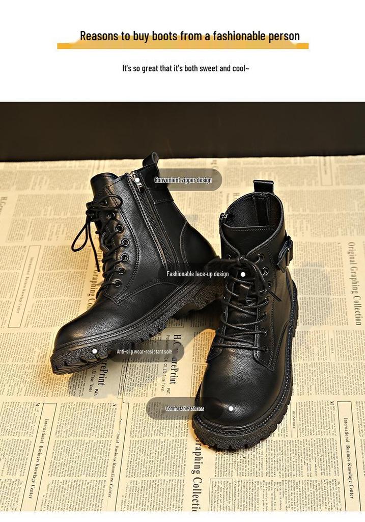 Women's 2025 Round Toe Lace-up Martin Boots with Side Zipper and Thick Sole - British Style Fashionable Short Boots