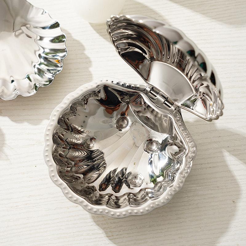 Luxurious French Retro 304 Stainless Steel Food Dish Plate Shell Box Jewelry Peal Storage Bag Desk Decoration
