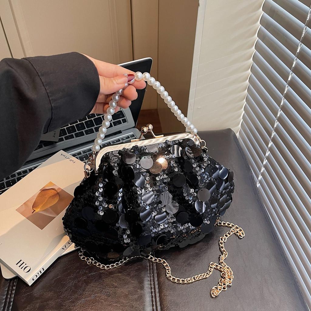 Bag, Women's Sequin Dinner, Shell Clip Bag, Light Luxury Socialite Pearl Handbag, Versatile Chain Shoulder Crossbody Bag