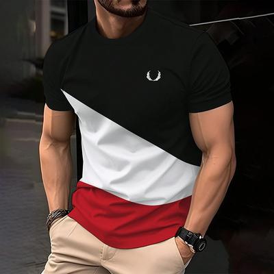 Moda Erkek Renk Bloklu Baskılı Tişört Günlük Sokak Erkek Bisiklet Yaka Kısa Kollu Tişört Büyük Beden Erkek Giyim