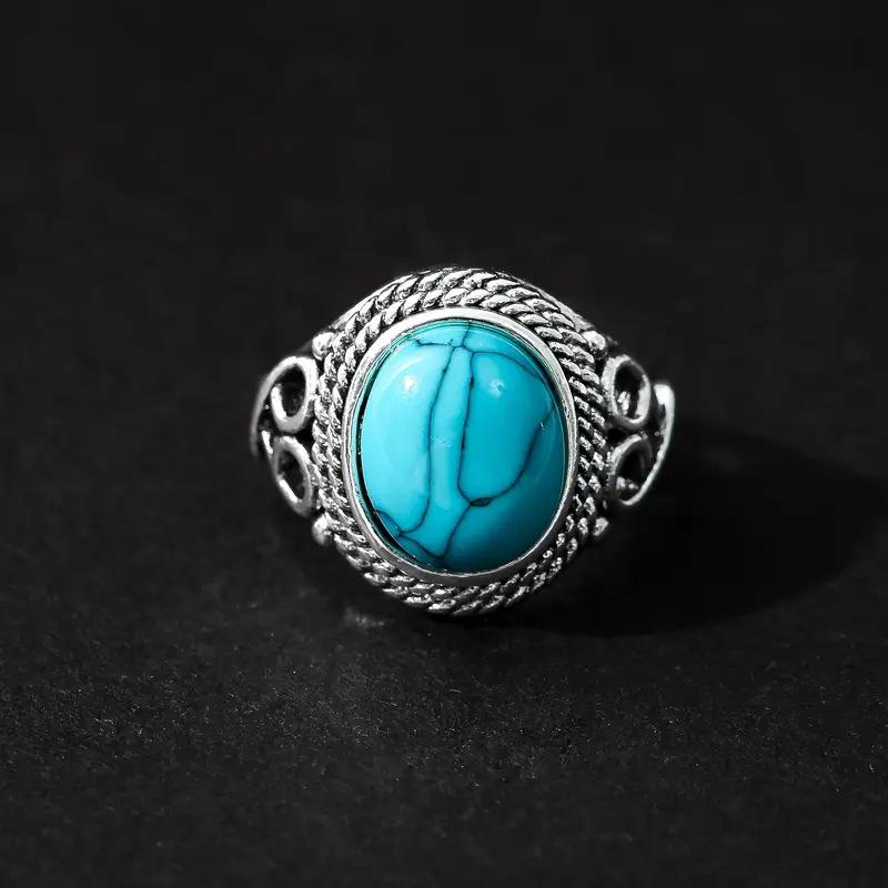He Cheng Retro Marquise Turquoise Ring for Women - Hollow Pattern Electroplated Jewelry