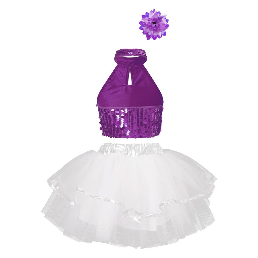 Girls Sequin Crop Top Halter Neck Tutu Skirt 3D Flower Clip Dance Costume Set Training Outfit